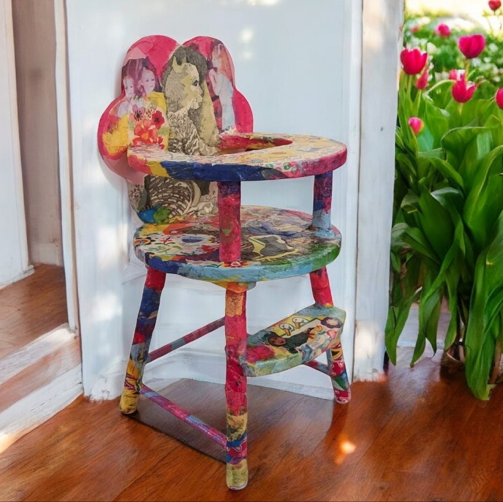 Handcrafted wood highchair. Signed original one of a kind Folk art